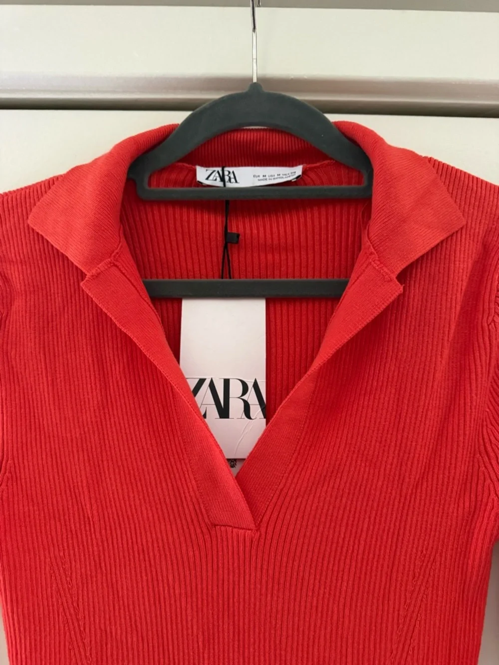 Zara Red Orange Ribbed Knit Mini Dress Polo Collar Bodycon Long Sleeve Medium - Picture 4 of 11